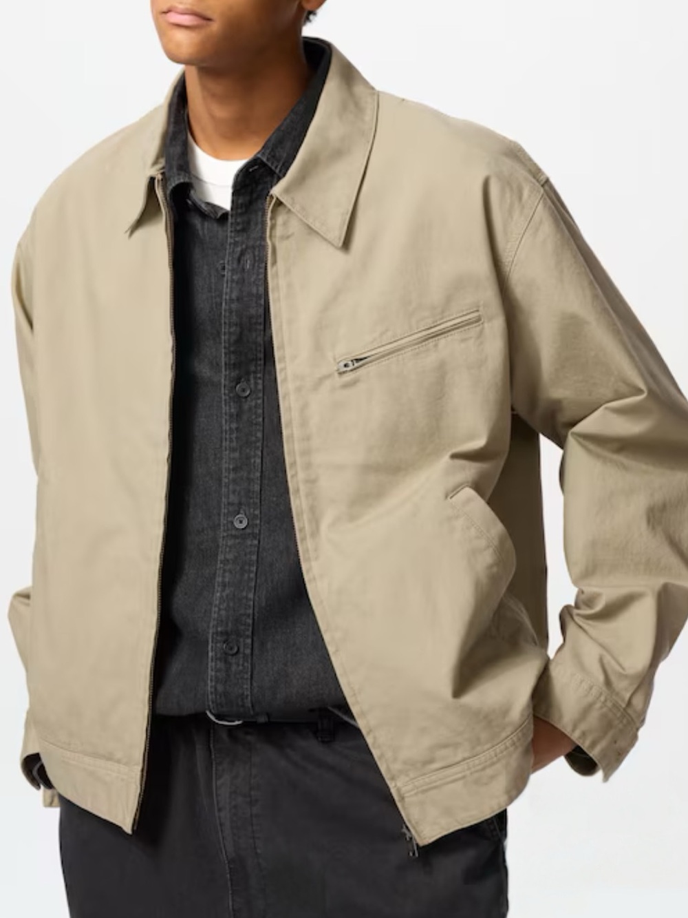 Uniqlo Zip-Up Blouson Beige Jacket Large Unisex Pockets New Work Wear Casual